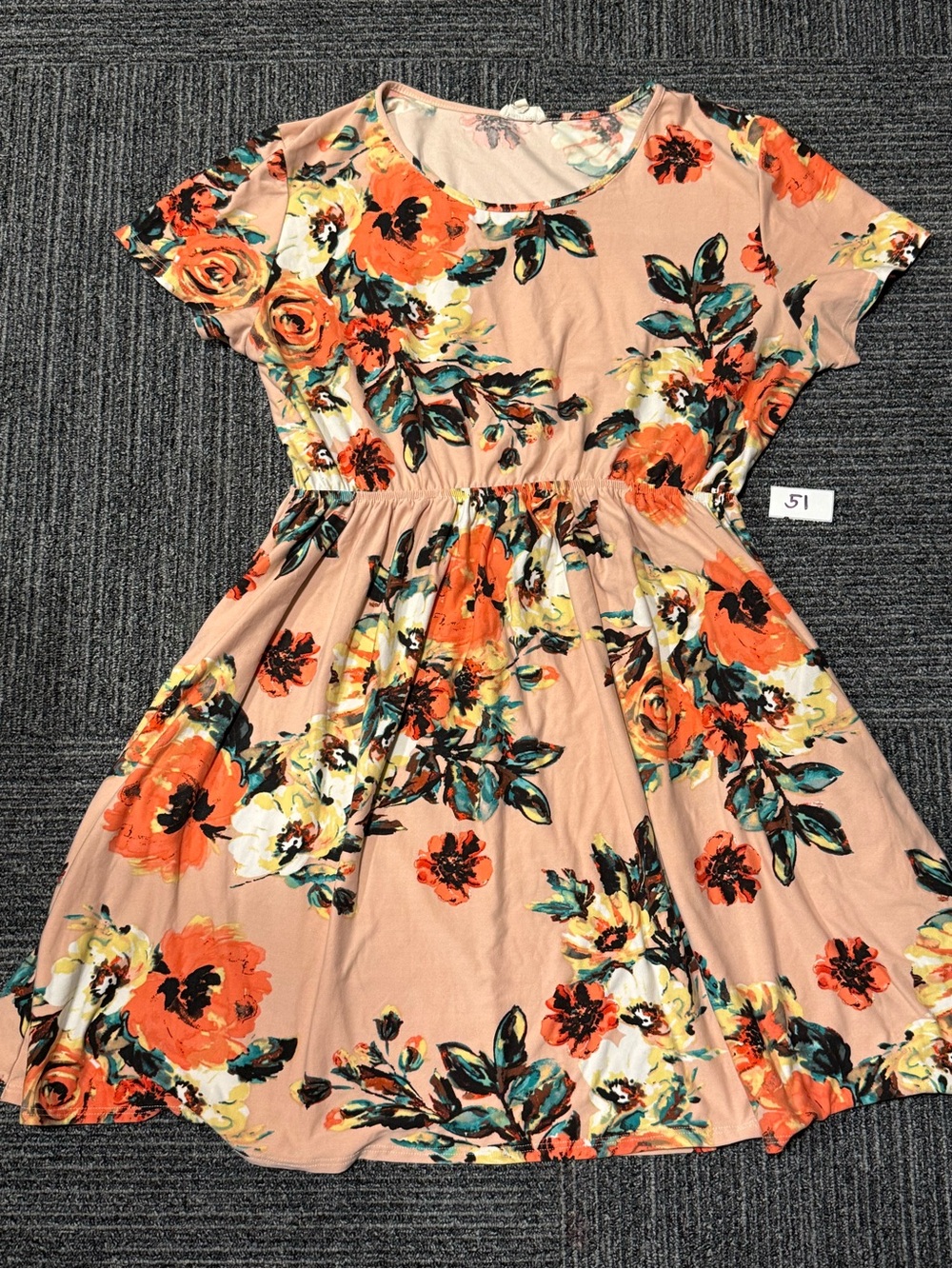 Floral Short Sleeve Peach Midi Dress with Orange Blooms